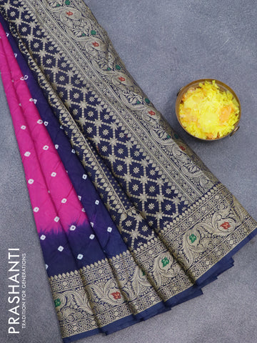 Bandhani saree pink and dark blue with allover bandhani prints and banarasi style border