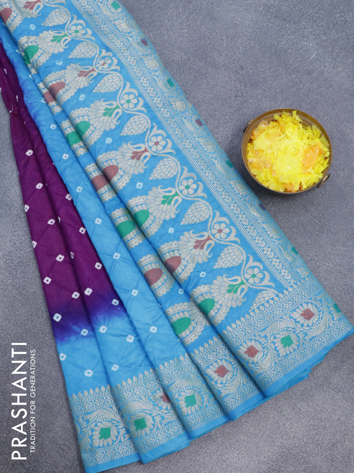 Bandhani saree purple and light blue with allover bandhani prints and banarasi style border