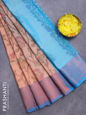 Banarasi semi tussar saree sandal and cs blue with allover ikat weaves and copper zari woven border