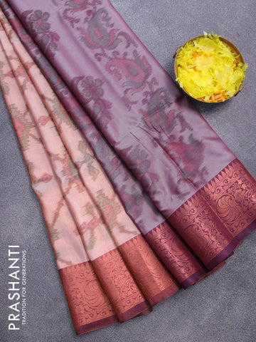 Banarasi semi tussar saree peach shade and wine with allover ikat weaves and copper zari woven border