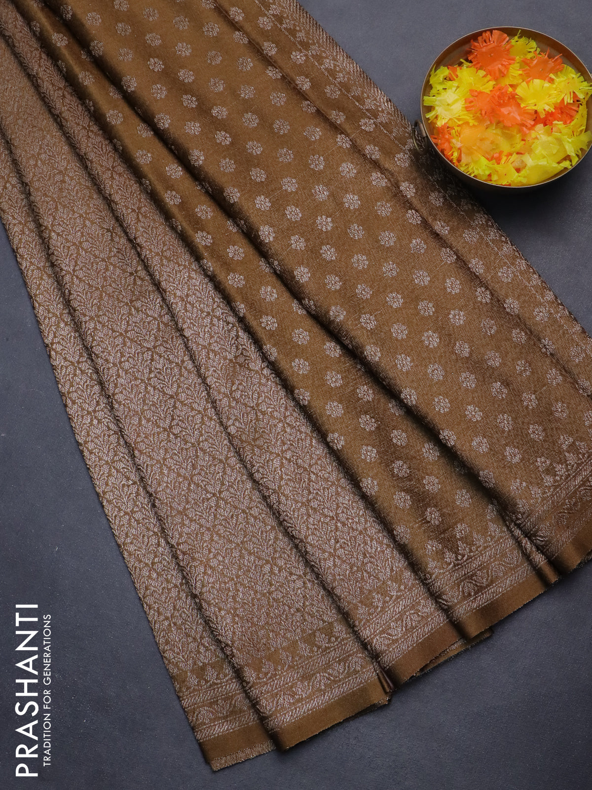 Banarasi semi crepe saree dark mehendi green with allover thread & zari woven brocade weaves and woven border