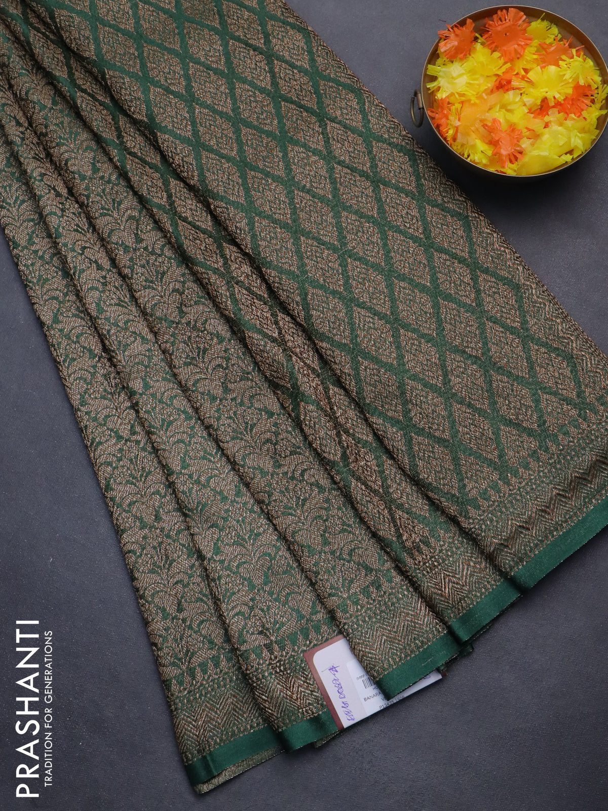 Banarasi semi crepe saree teal green with allover thread & zari woven brocade weaves and woven border