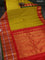 Pure gadwal silk saree mustard yellow and red with floral zari woven buttas and long temple design zari woven korvai border