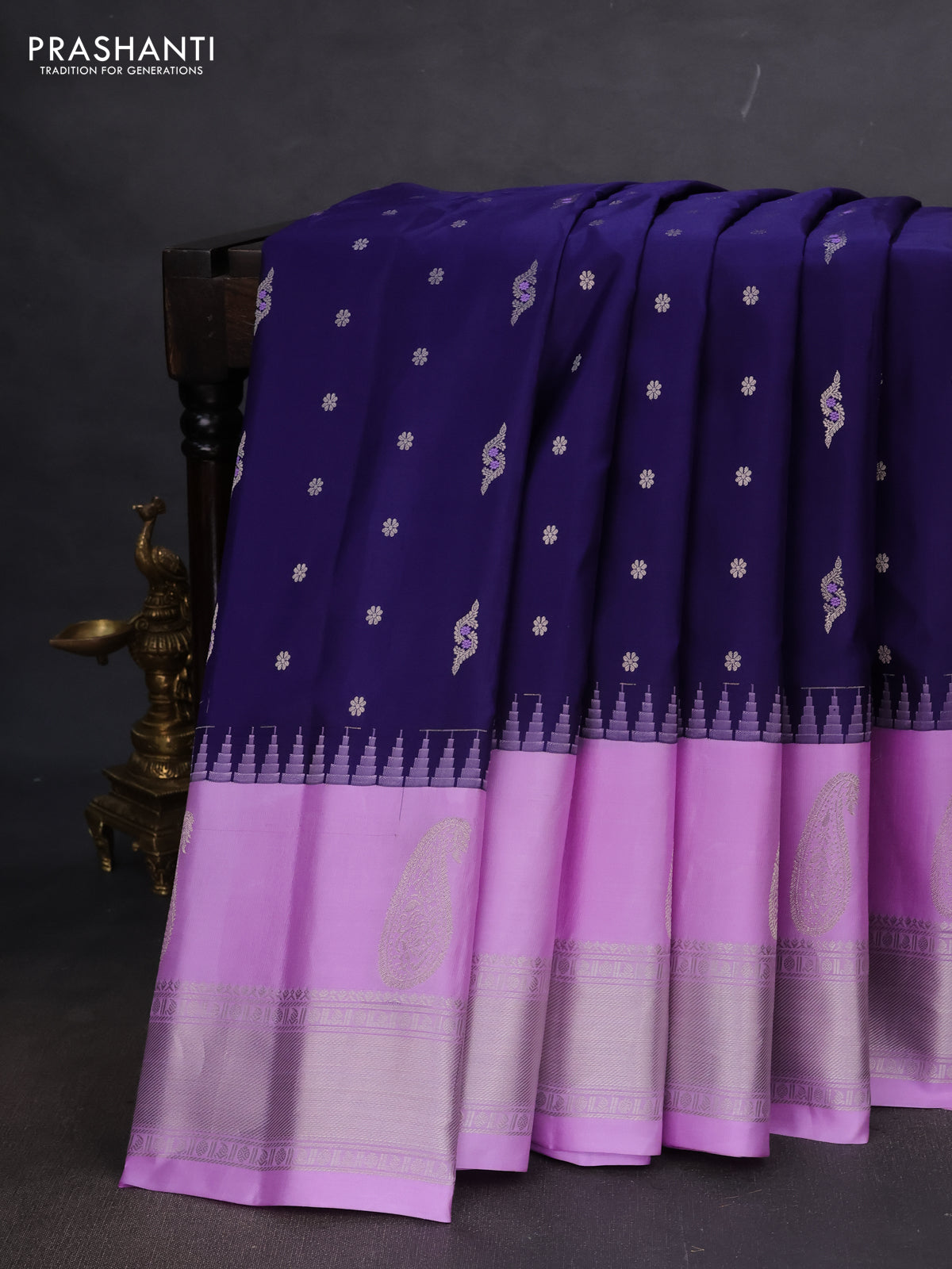 Pure gadwal silk saree navy bluw and lavender with silver zari woven buttas and long temple design silver zari woven border