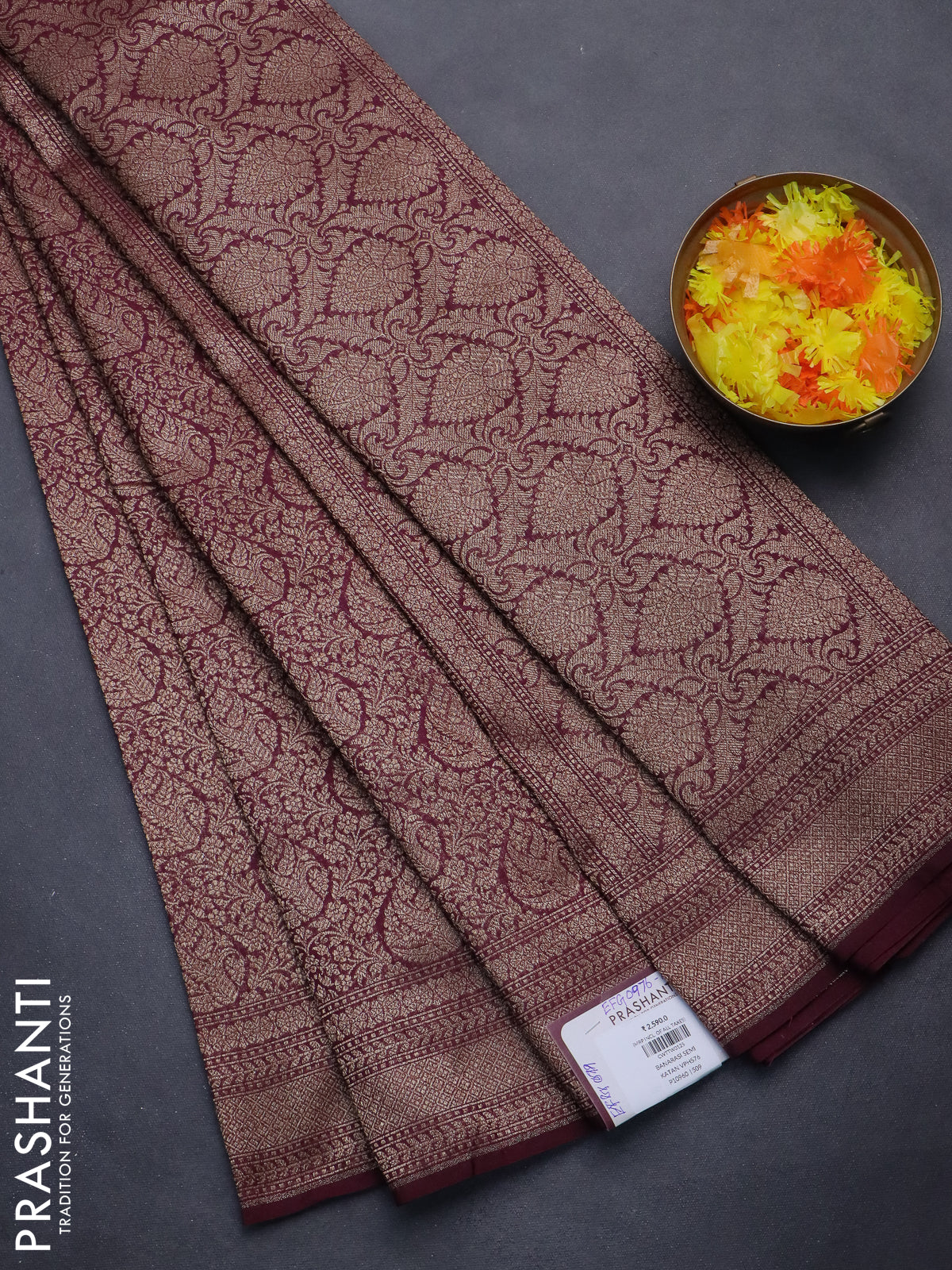 Banarasi semi silk saree wine shade with allover thread & zari weaves and woven border