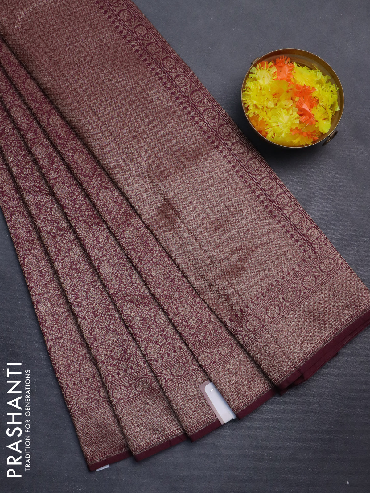 Banarasi semi silk saree wine shade with allover thread & zari weaves and woven border