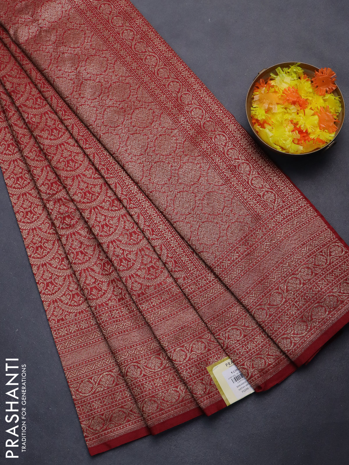 Banarasi semi silk saree maroon with allover thread & zari weaves and woven border