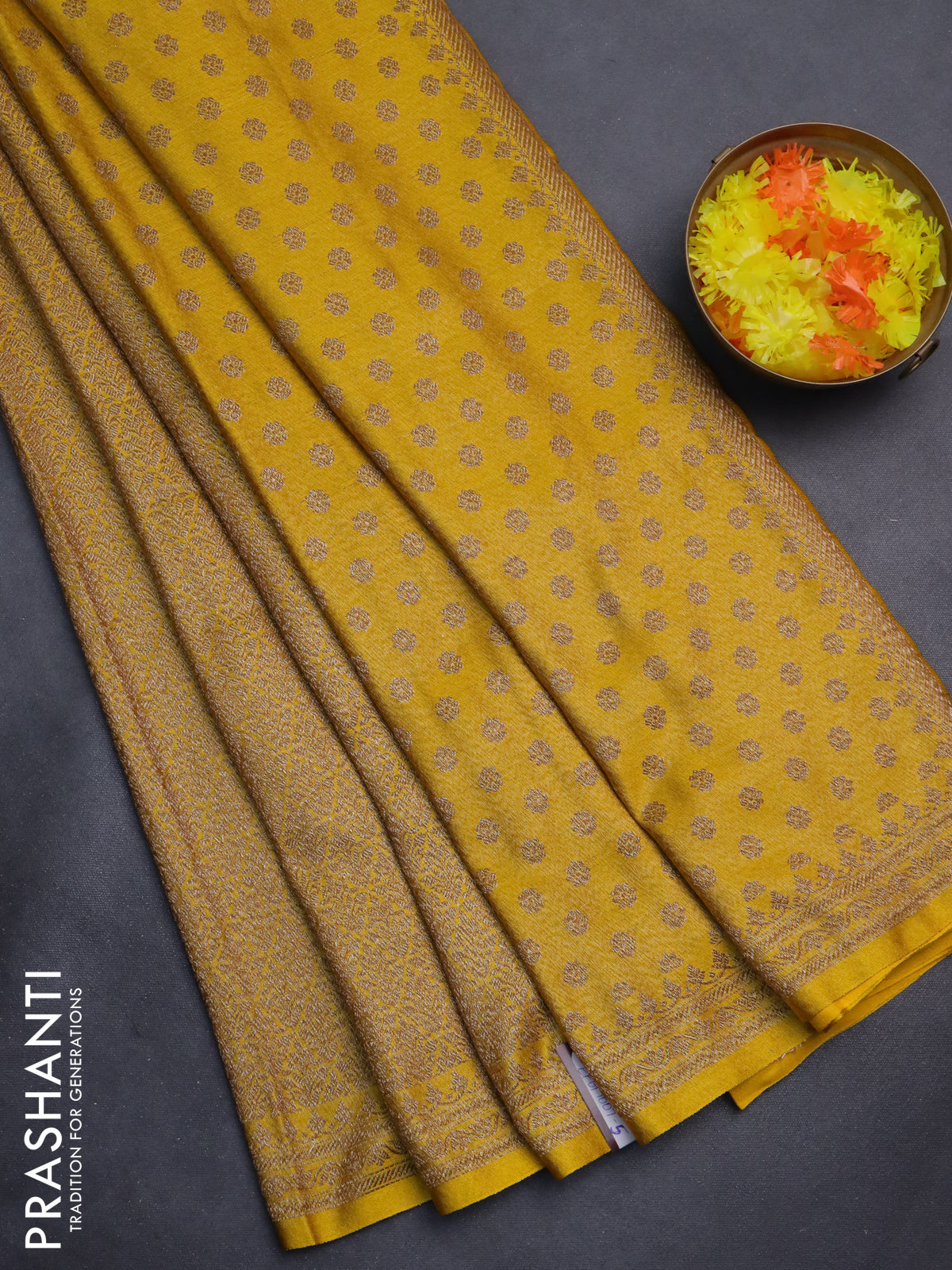 Banarasi semi silk saree yellow with allover thread & zari weaves and woven border