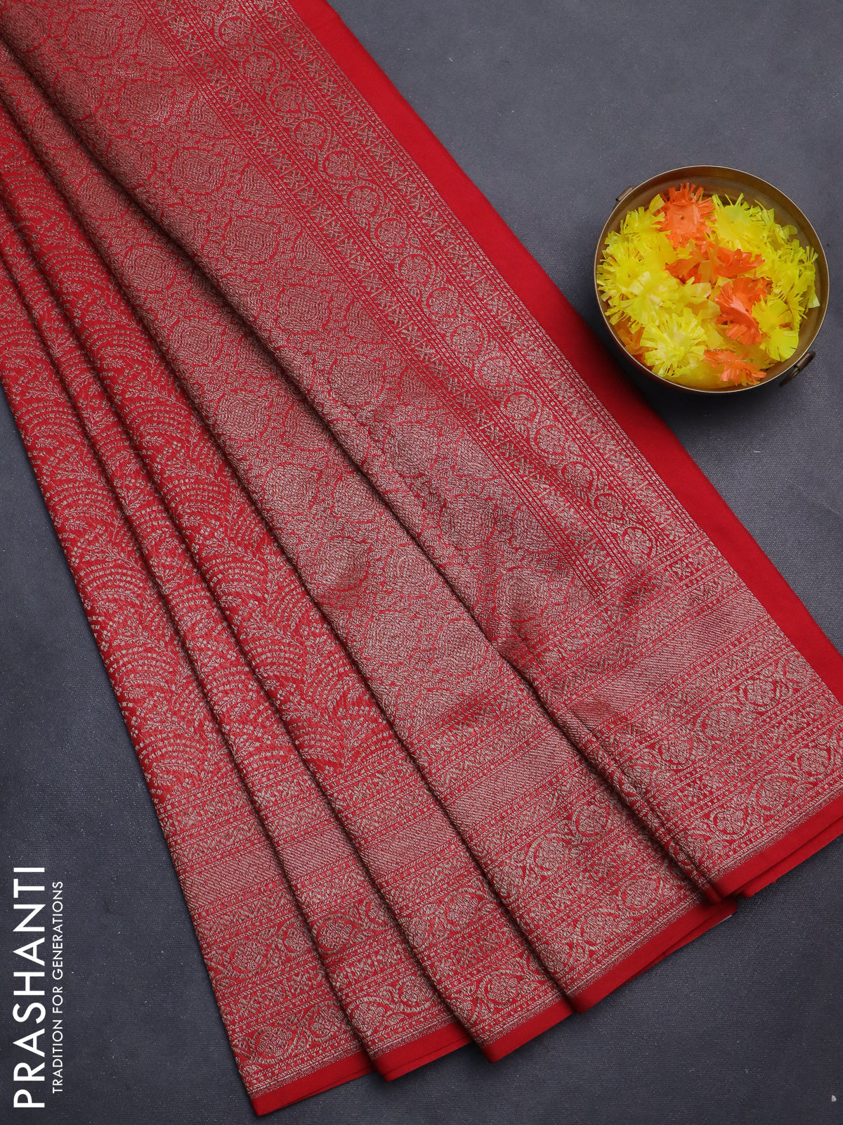 Banarasi semi silk saree red with allover thread & zari weaves and woven border