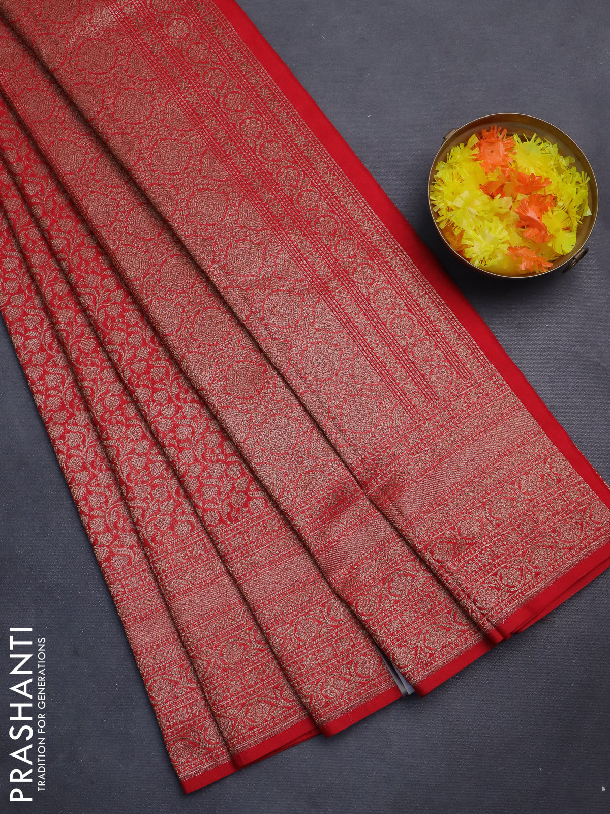 Banarasi semi silk saree red with allover thread & zari weaves and woven border