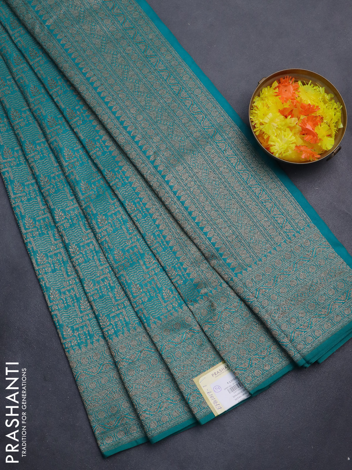 Banarasi semi silk saree teal green with allover thread & zari weaves and woven border