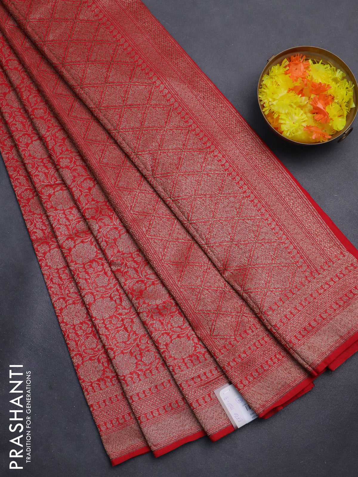 Banarasi semi silk saree red with allover thread & zari weaves and woven border