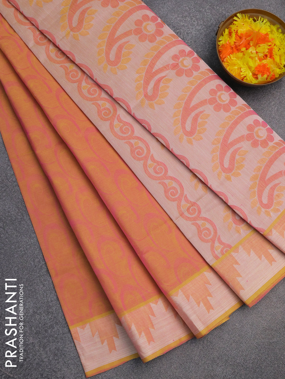 Coimbatore cotton saree dual shade of yellowish light pink with allover self emboss and thread woven border