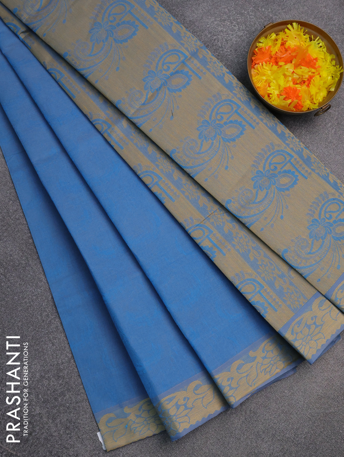 Coimbatore cotton saree blue with allover self emboss and thread woven border
