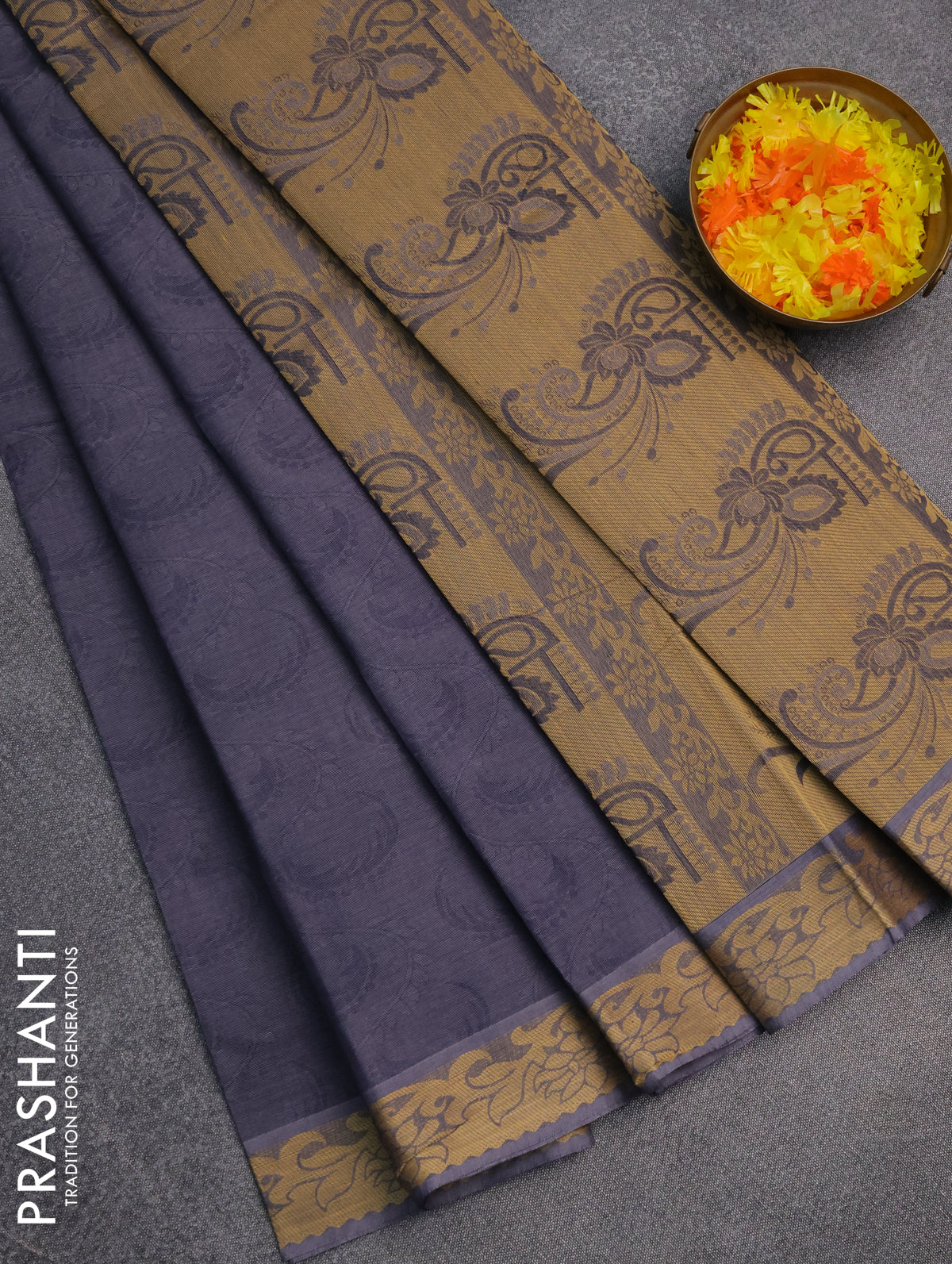 Coimbatore cotton saree greyish blue and sandal with allover self emboss and thread woven border