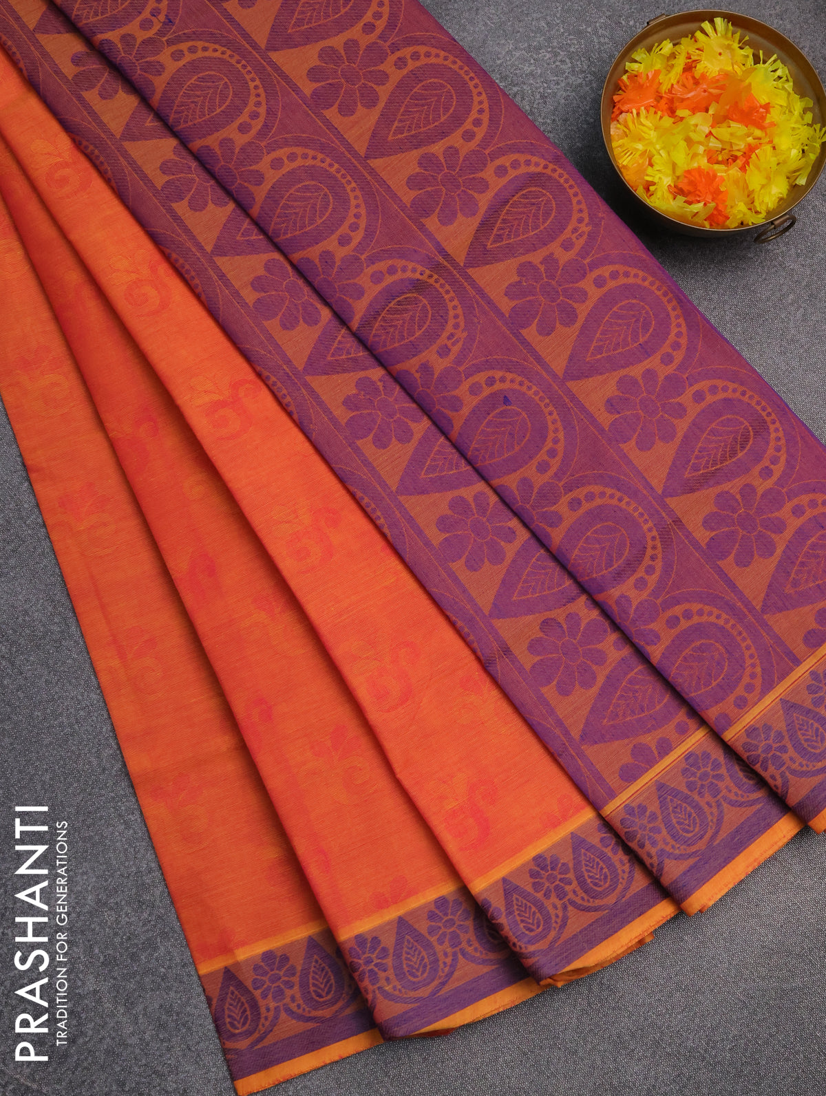 Coimbatore cotton saree dual shade of pinkish orange and blue with allover self emboss and thread woven border