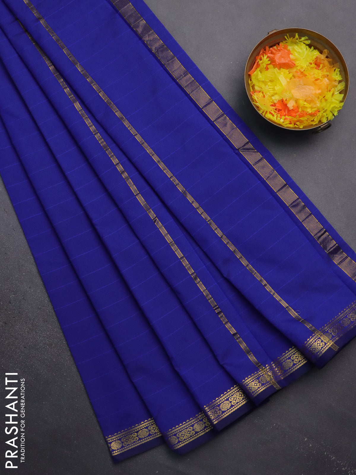 Arani semi silk saree blue with plain body and zari woven border