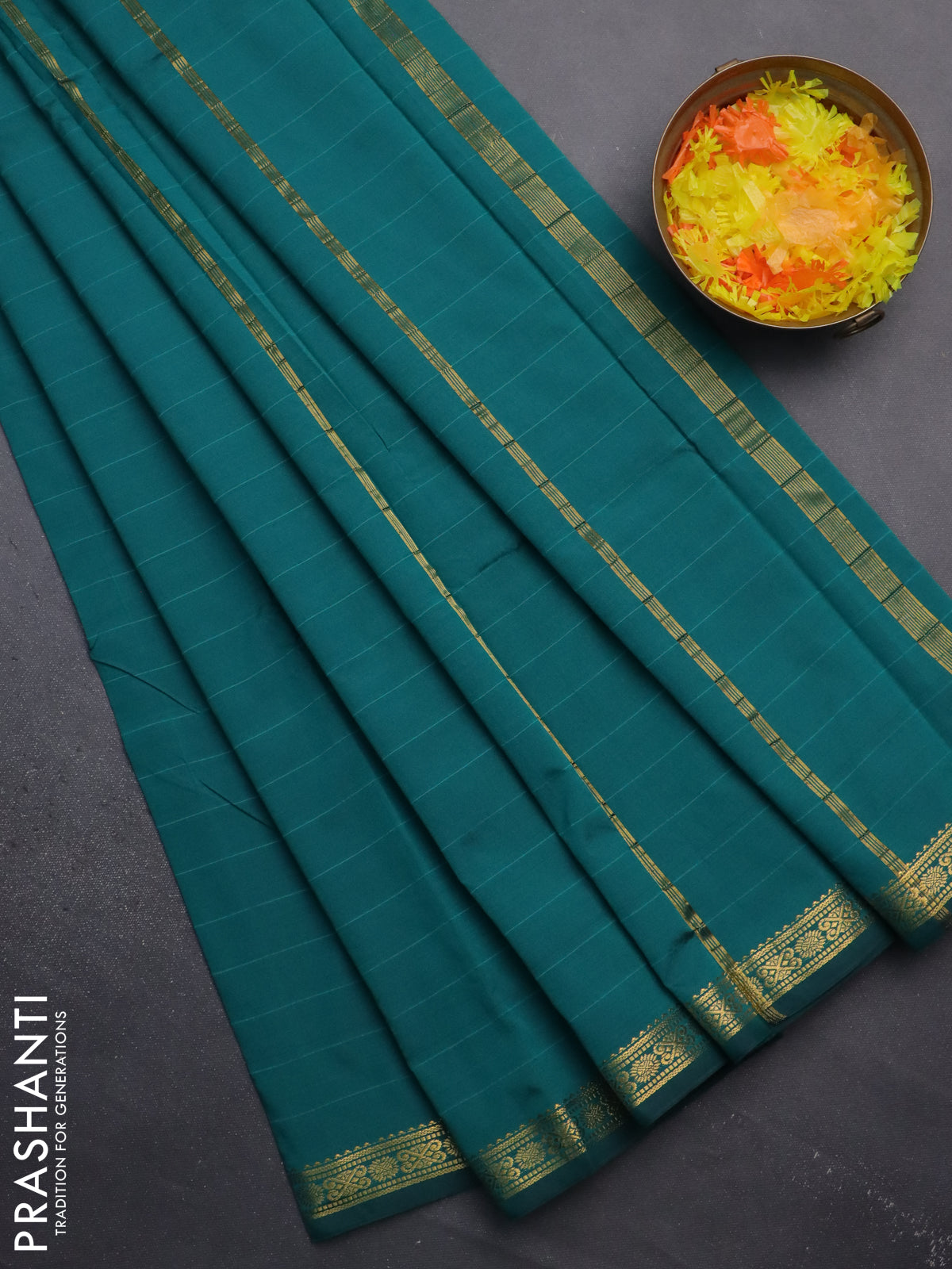 Arani semi silk saree peacock green with plain body and zari woven border