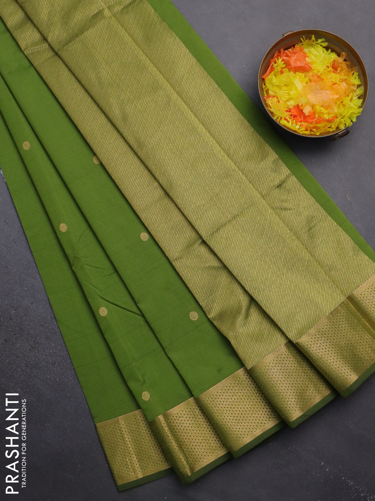 Arani semi silk saree sap green with zari woven buttas and zari woven border