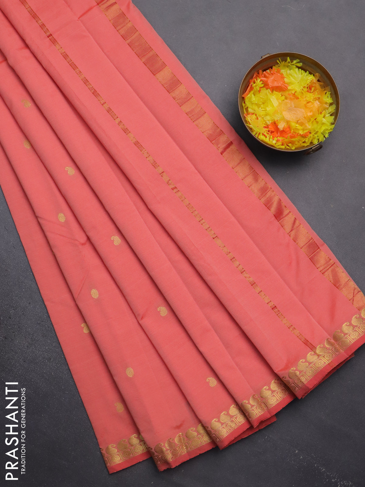 Arani semi silk saree peach shade with rudhraksha & paisley zari woven buttas and zari woven border