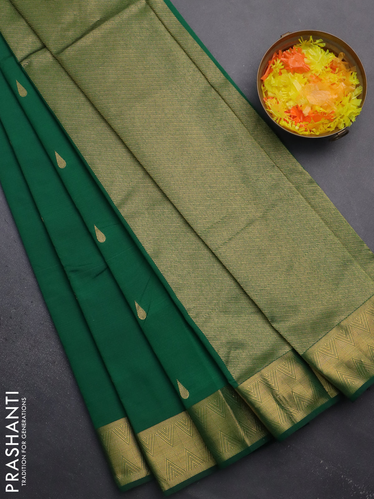 Arani semi silk saree green with zari woven thilak buttas and zari woven border