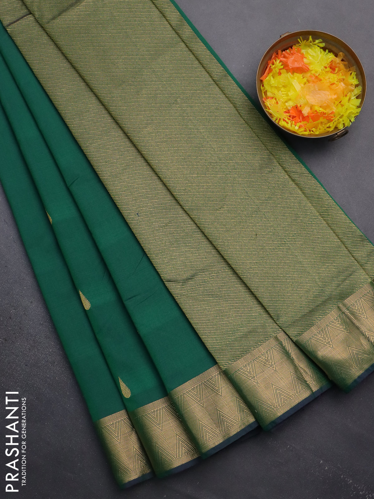Arani semi silk saree dual shade of green with zari woven thilak buttas and zari woven border