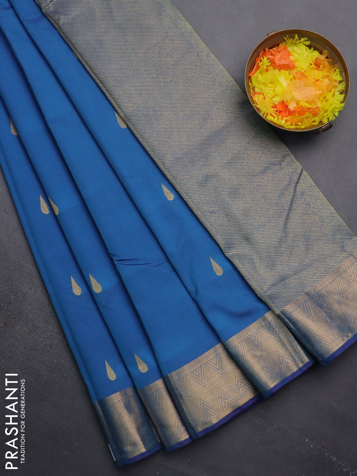 Arani semi silk saree cs blue with zari woven thilak buttas and zari woven border