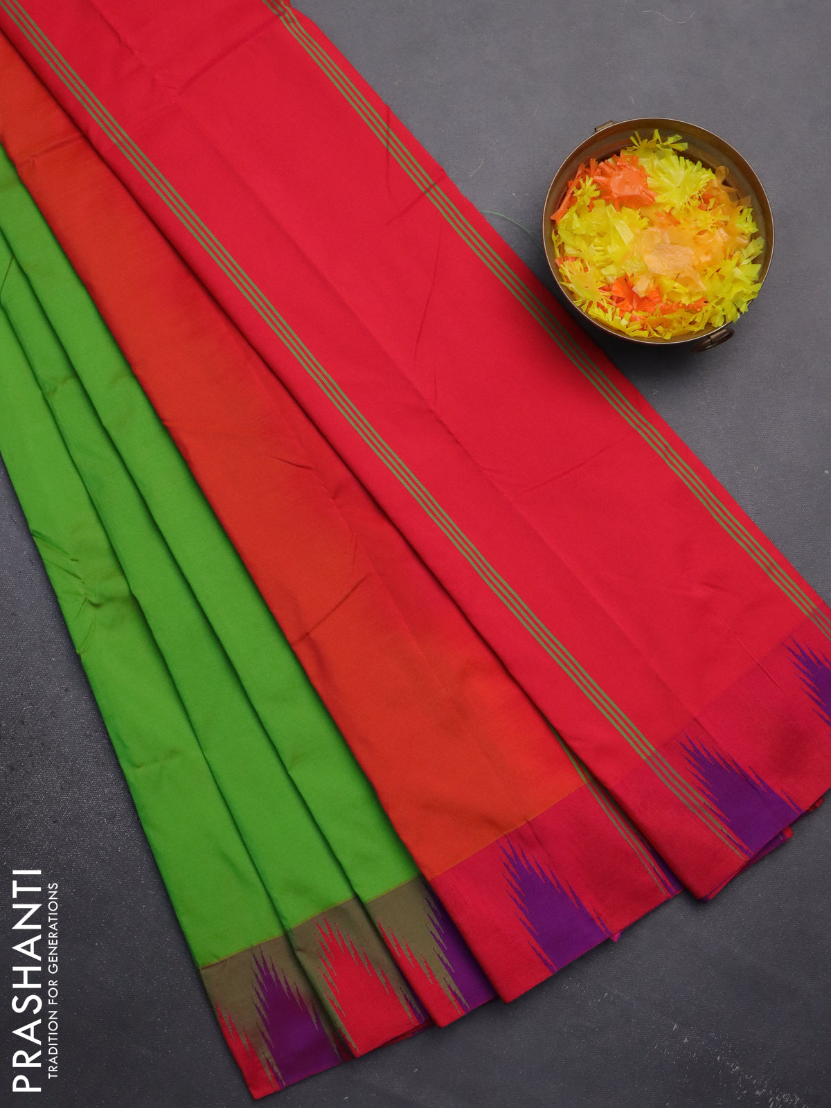 Arani semi silk saree dual shade of light green and dual shade of pink with plain body and temple design border