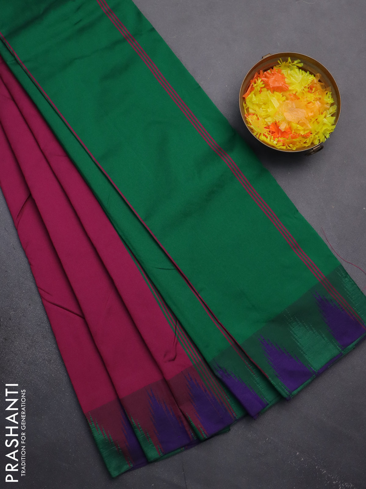 Arani semi silk saree magenta pink and green blue with plain body and temple design border
