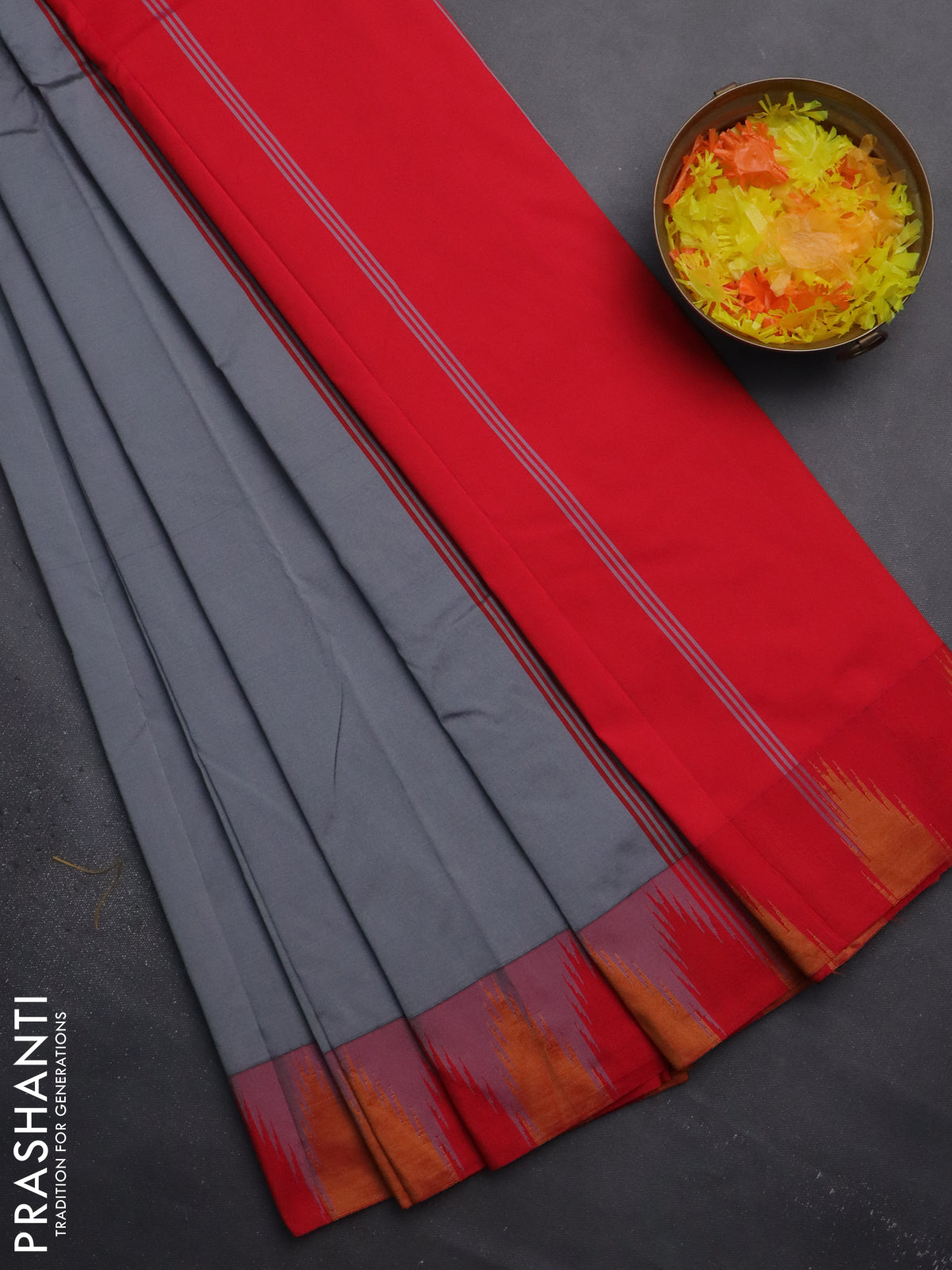 Arani semi silk saree grey and dual shade of pink with plain body and temple design border