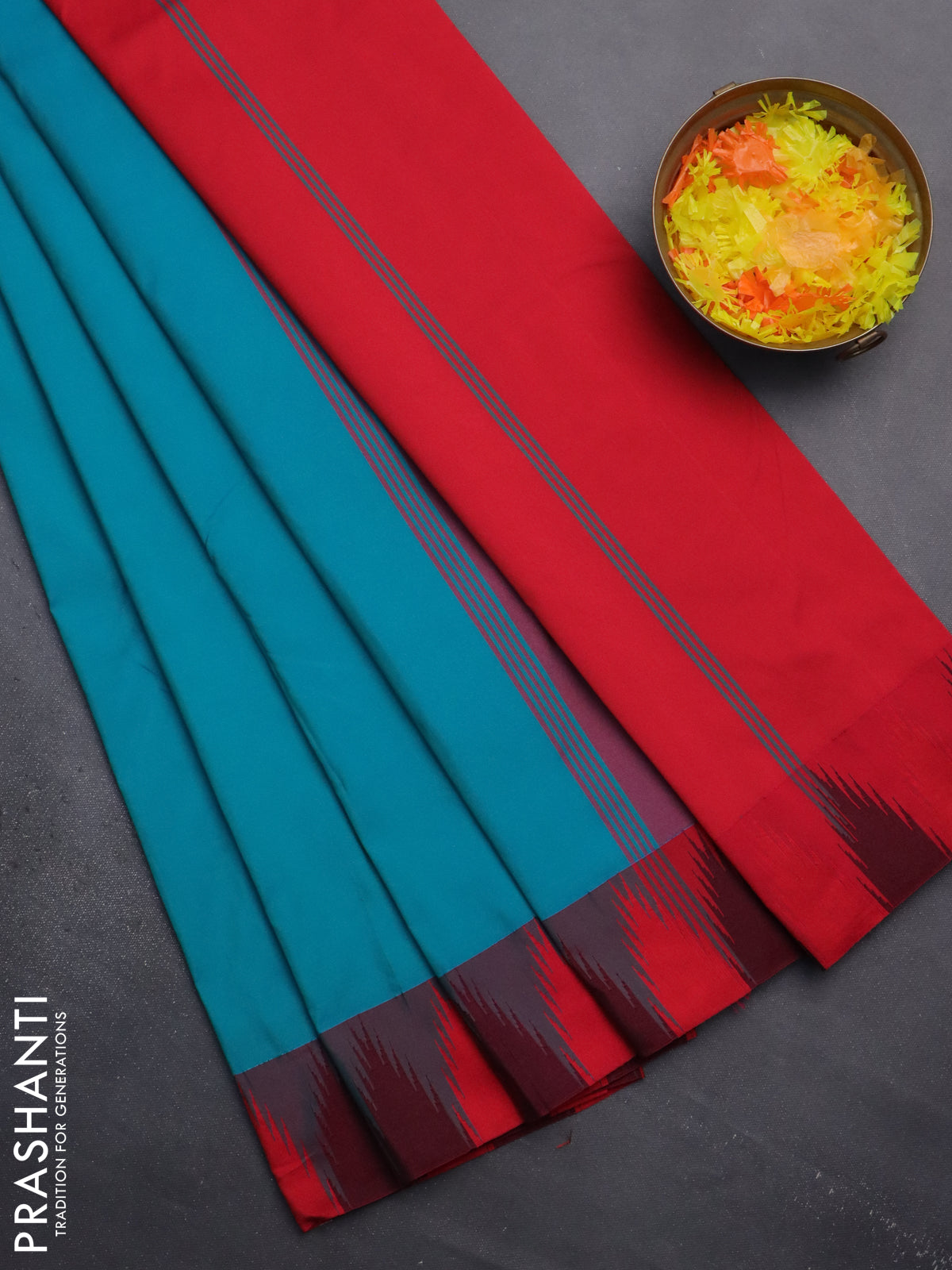 Arani semi silk saree teal blue shade and dual shade of pink with plain body and temple design border