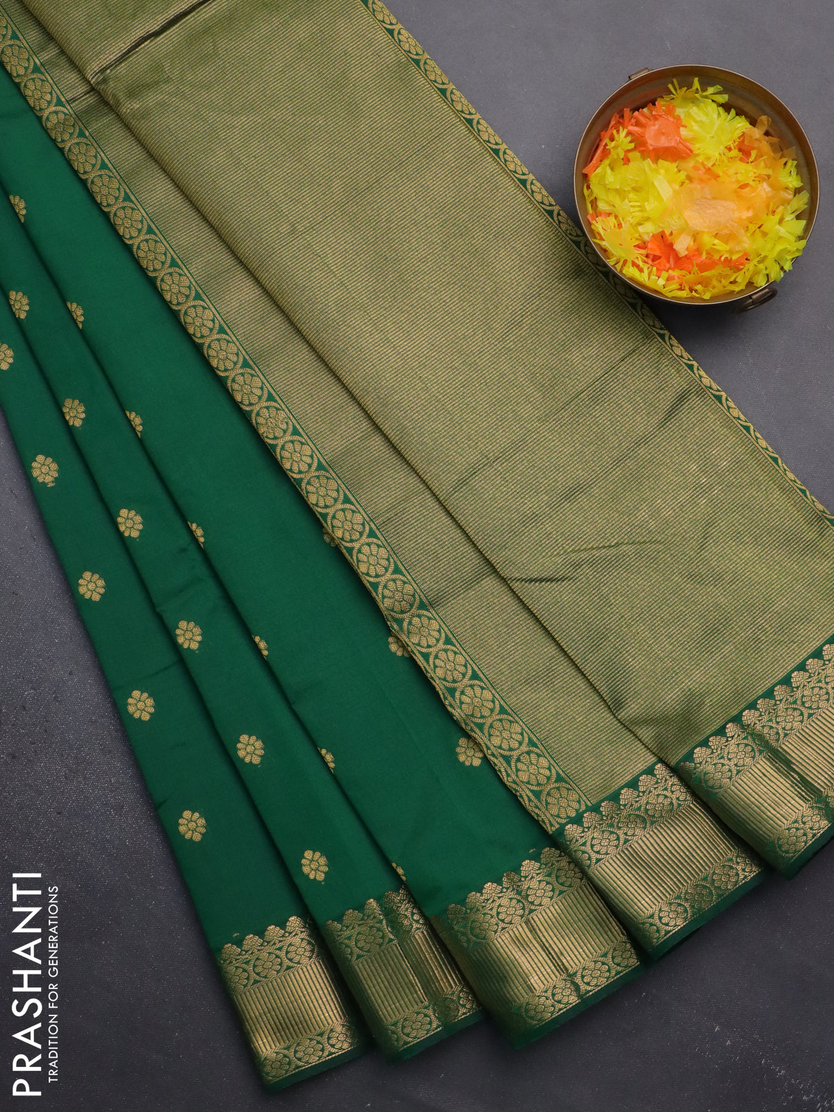 Arani semi silk saree green with zari woven floral buttas and zari woven border