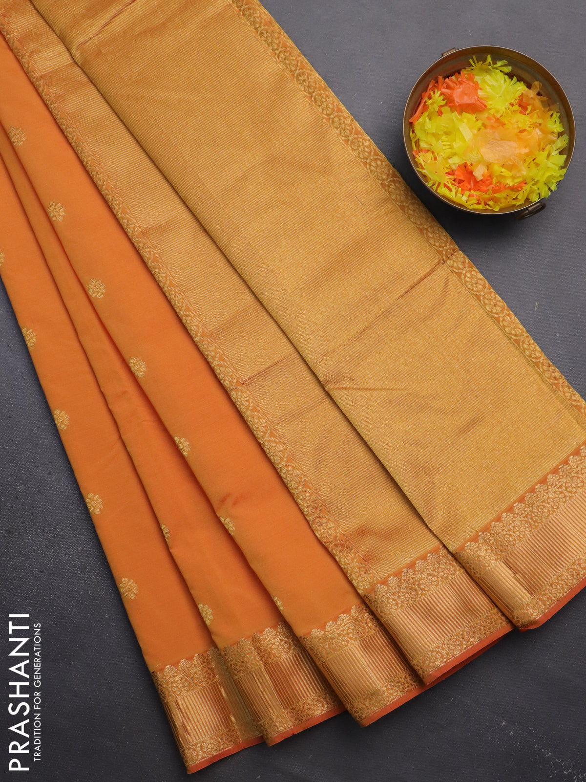 Arani semi silk saree dual shade of mustard yellow with zari woven floral buttas and zari woven border
