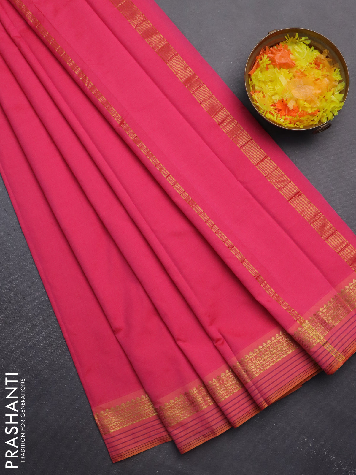 Arani semi silk saree candy pink and dual shade of yellow with plain body and zari woven simple border