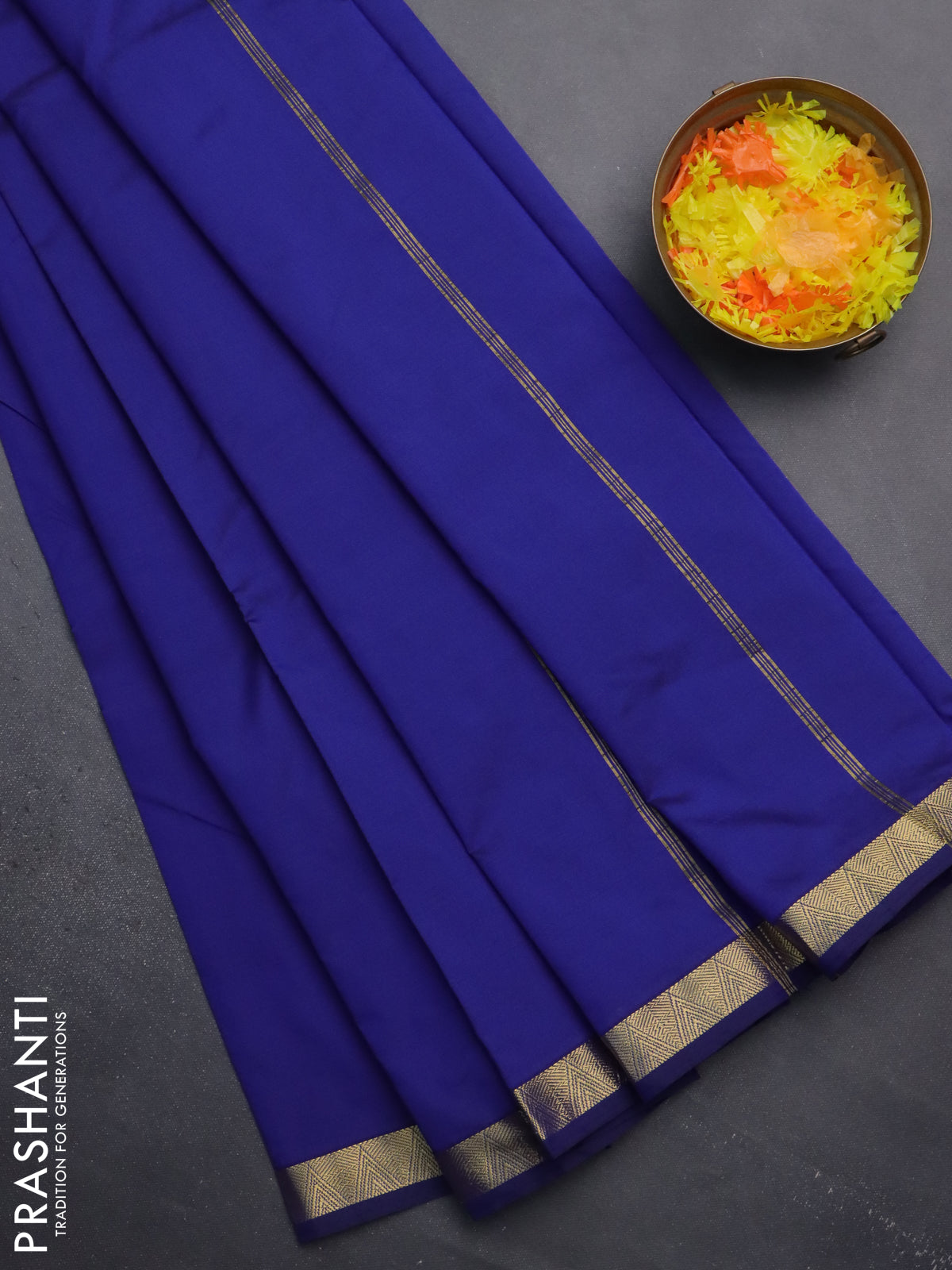 Arani semi silk saree blue with plain body and zari woven border