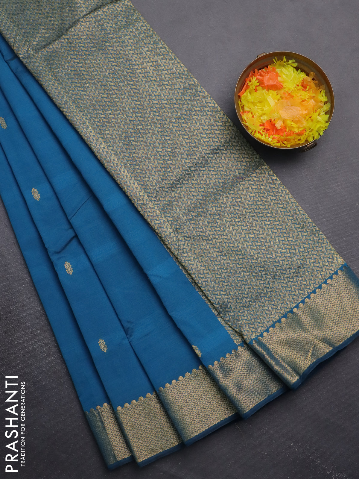 Arani semi silk saree peacock blue with zari woven buttas and zari woven border