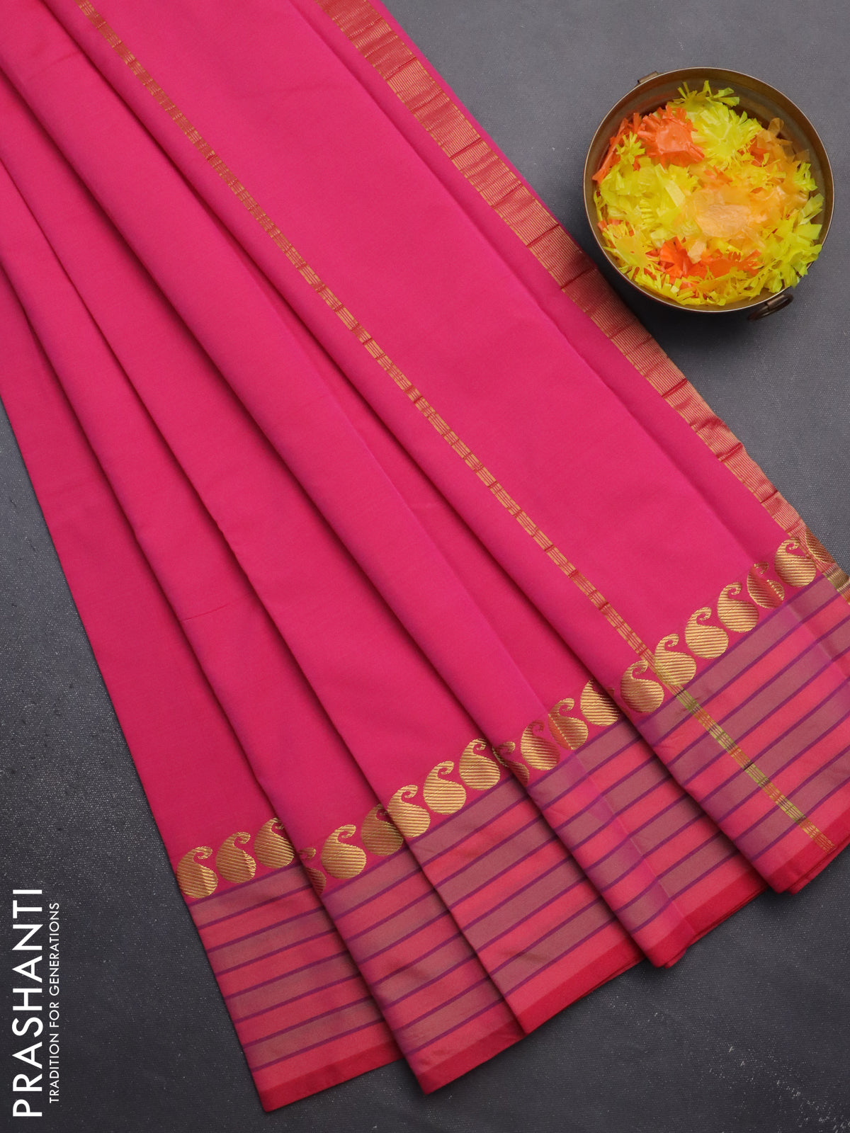 Arani semi silk saree candy pink and light green shade with plain body and paisley zari woven simple border