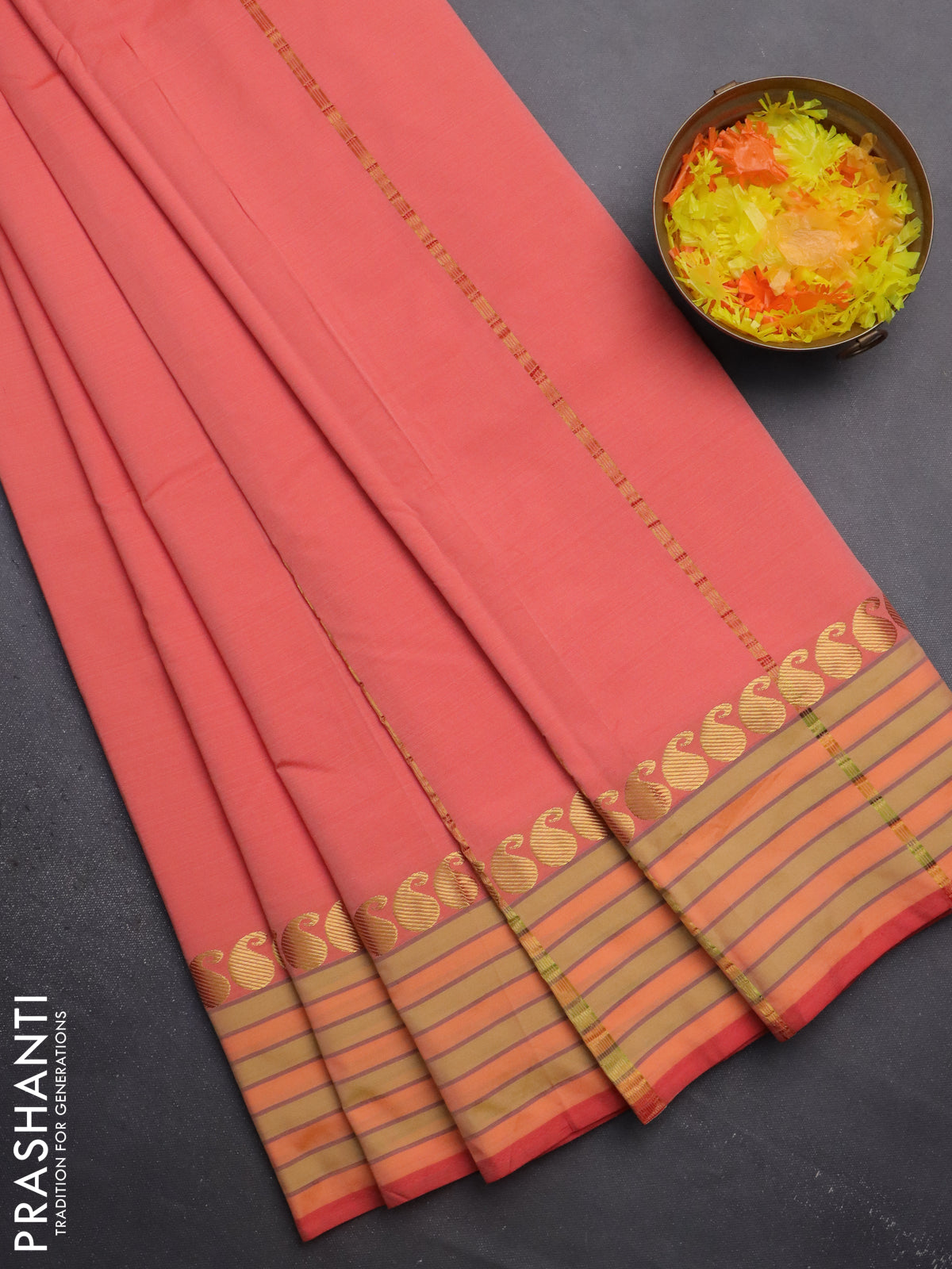 Arani semi silk saree peach orange and yellow shade with plain body and paisley zari woven simple border