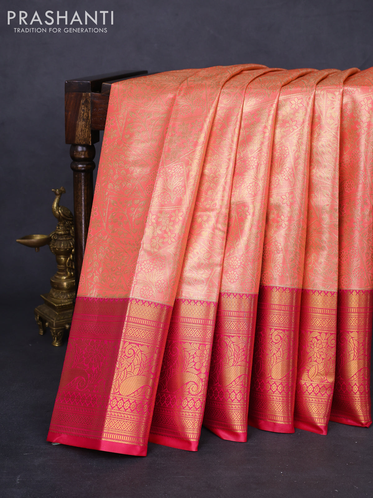 Bangalori tissue silk saree peach pink and pink with allover zari woven brocade weaves and long zari woven border