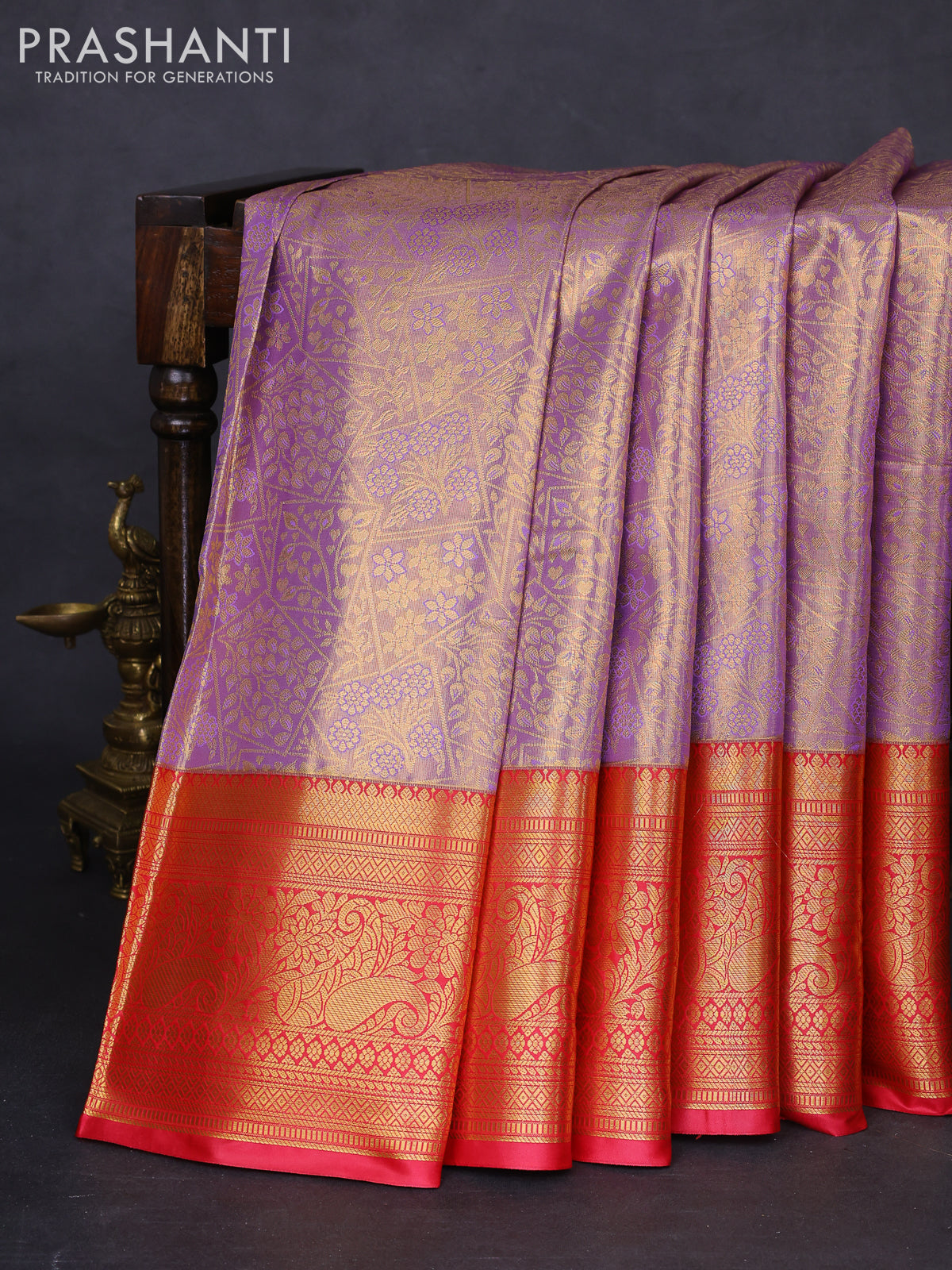Bangalori tissue silk saree lavender and pink with allover zari woven brocade weaves and long zari woven border
