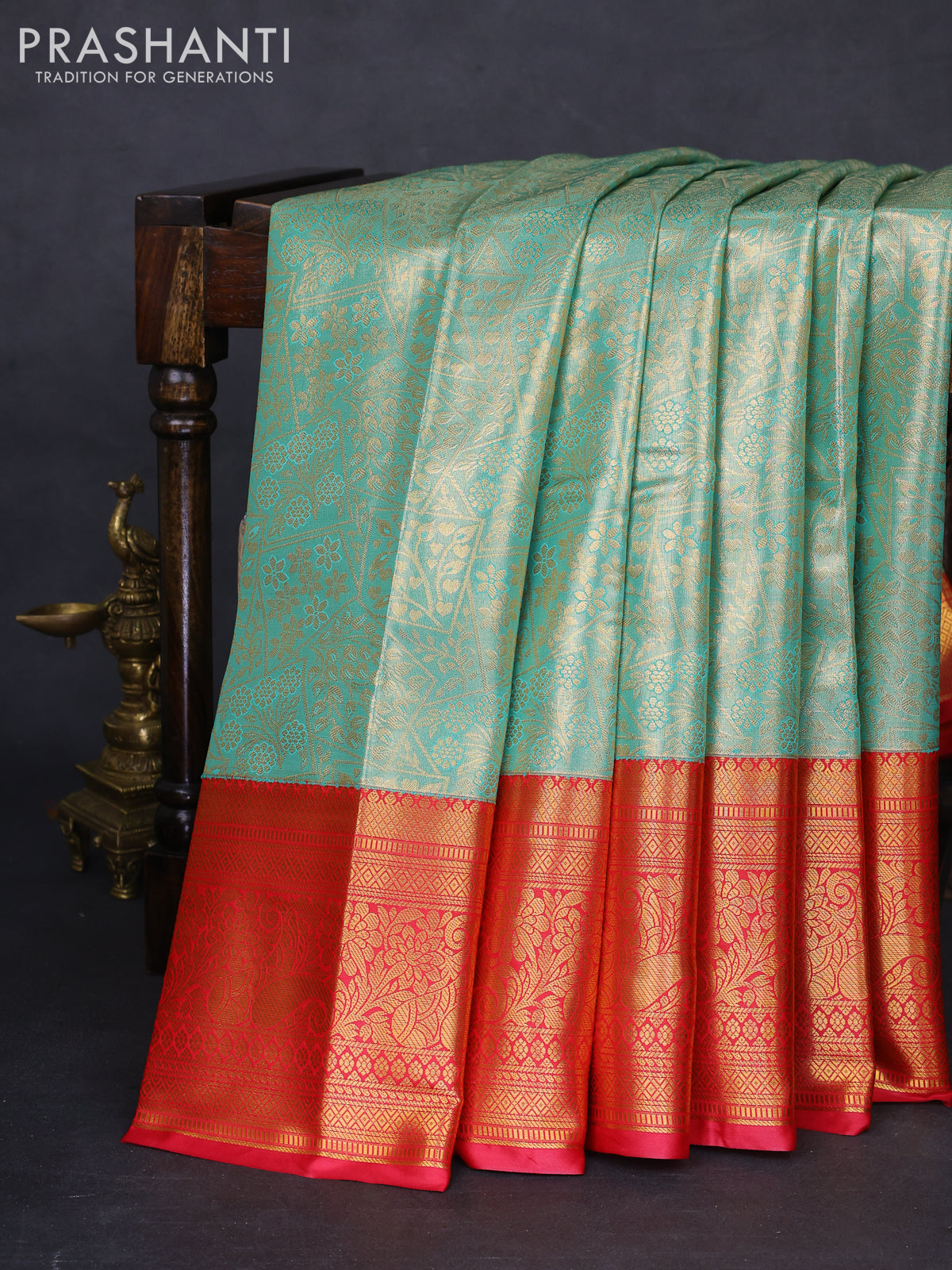 Bangalori tissue silk saree teal shade and pink with allover zari woven brocade weaves and long zari woven border