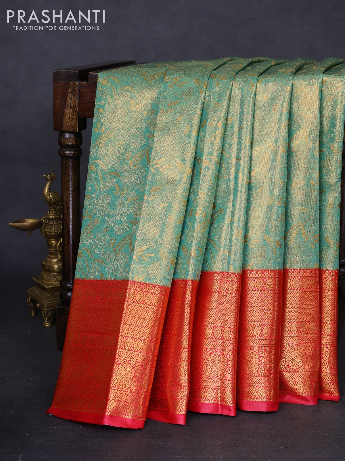 Bangalori tissue silk saree teal green shade and pink with allover zari woven brocade weaves and long zari woven border