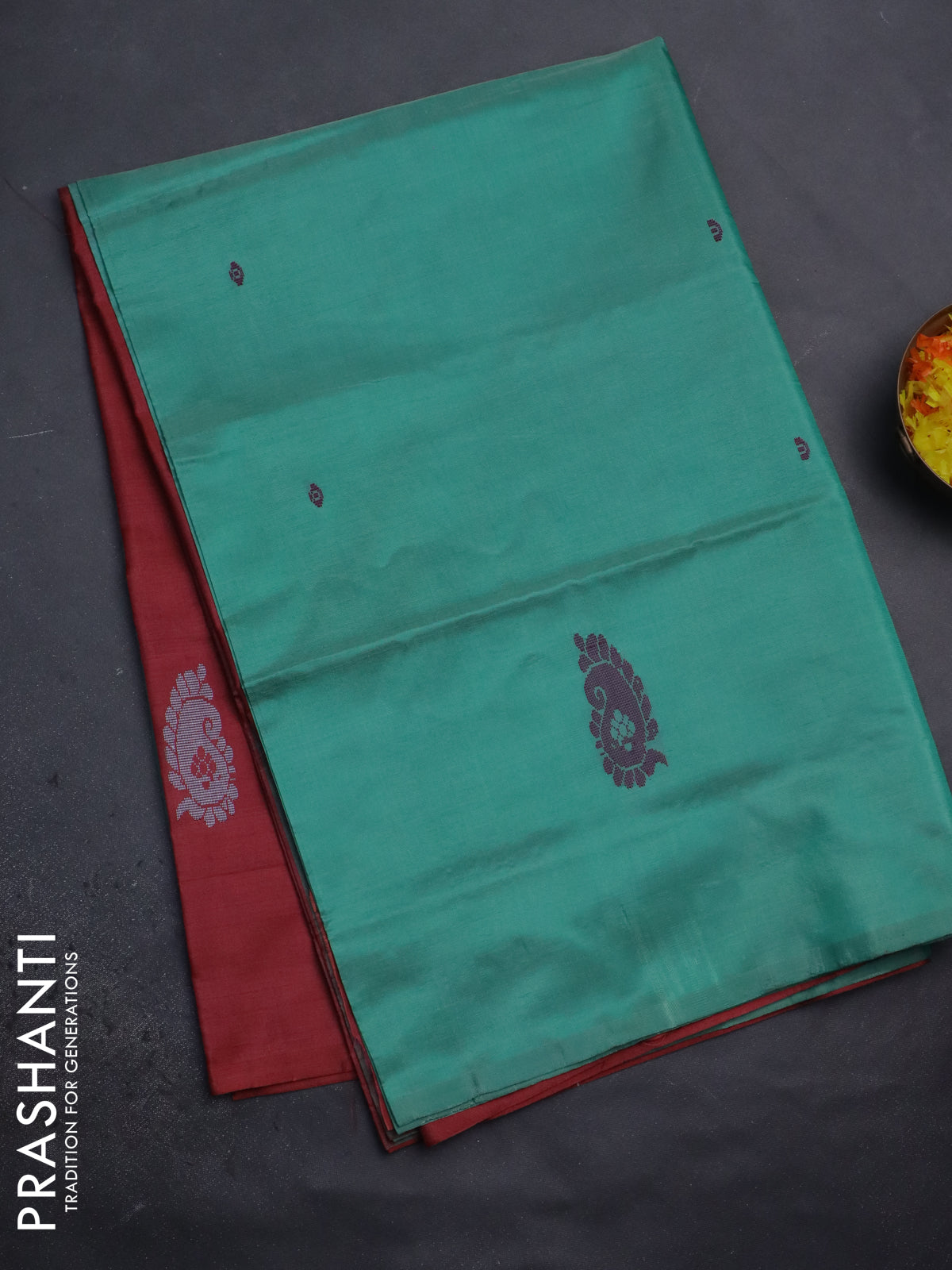 Banana pith saree teal green shade and maroon with thread woven buttas in borderless style