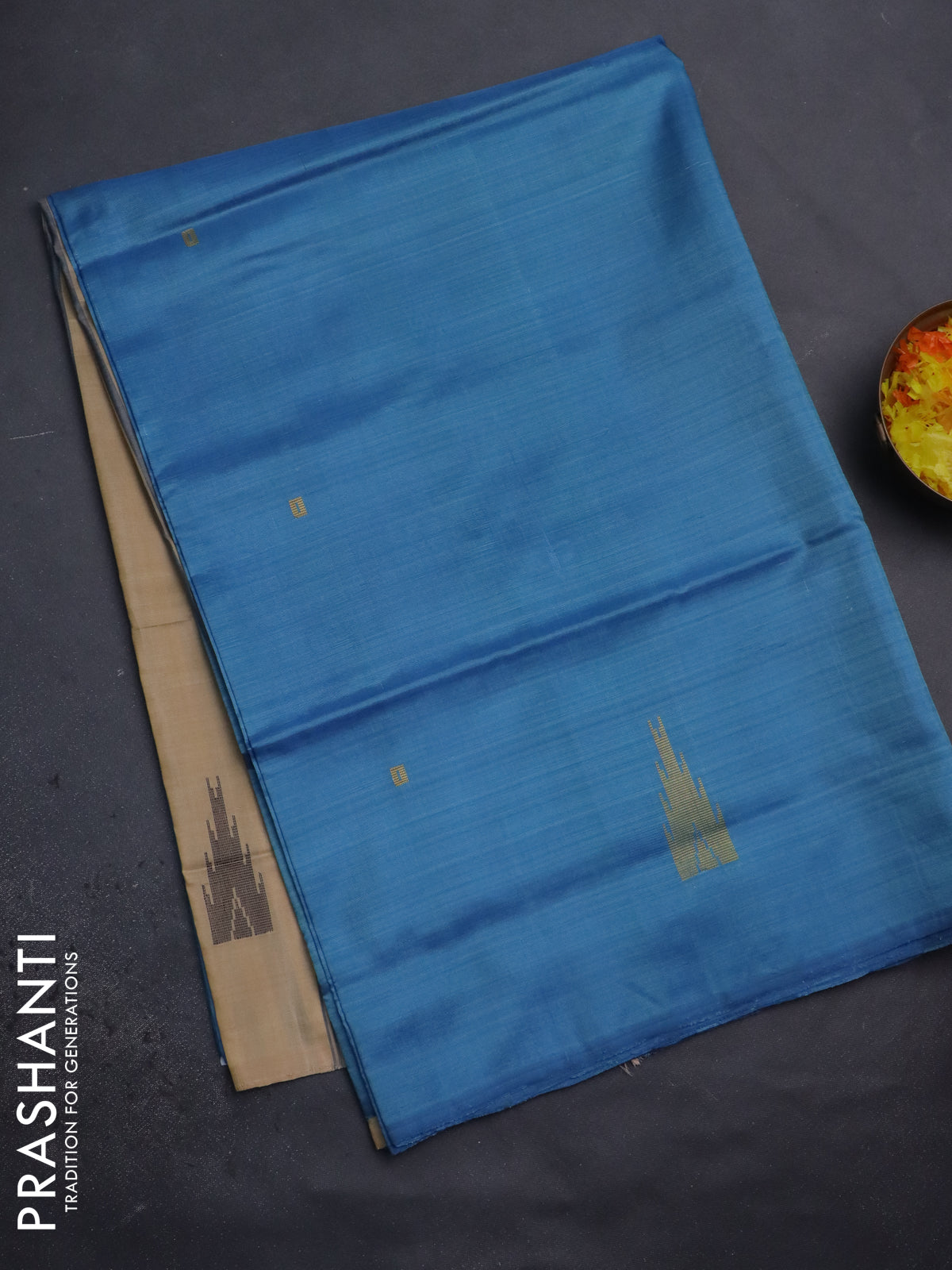 Banana pith saree cs blue and sandal with thread woven buttas in borderless style