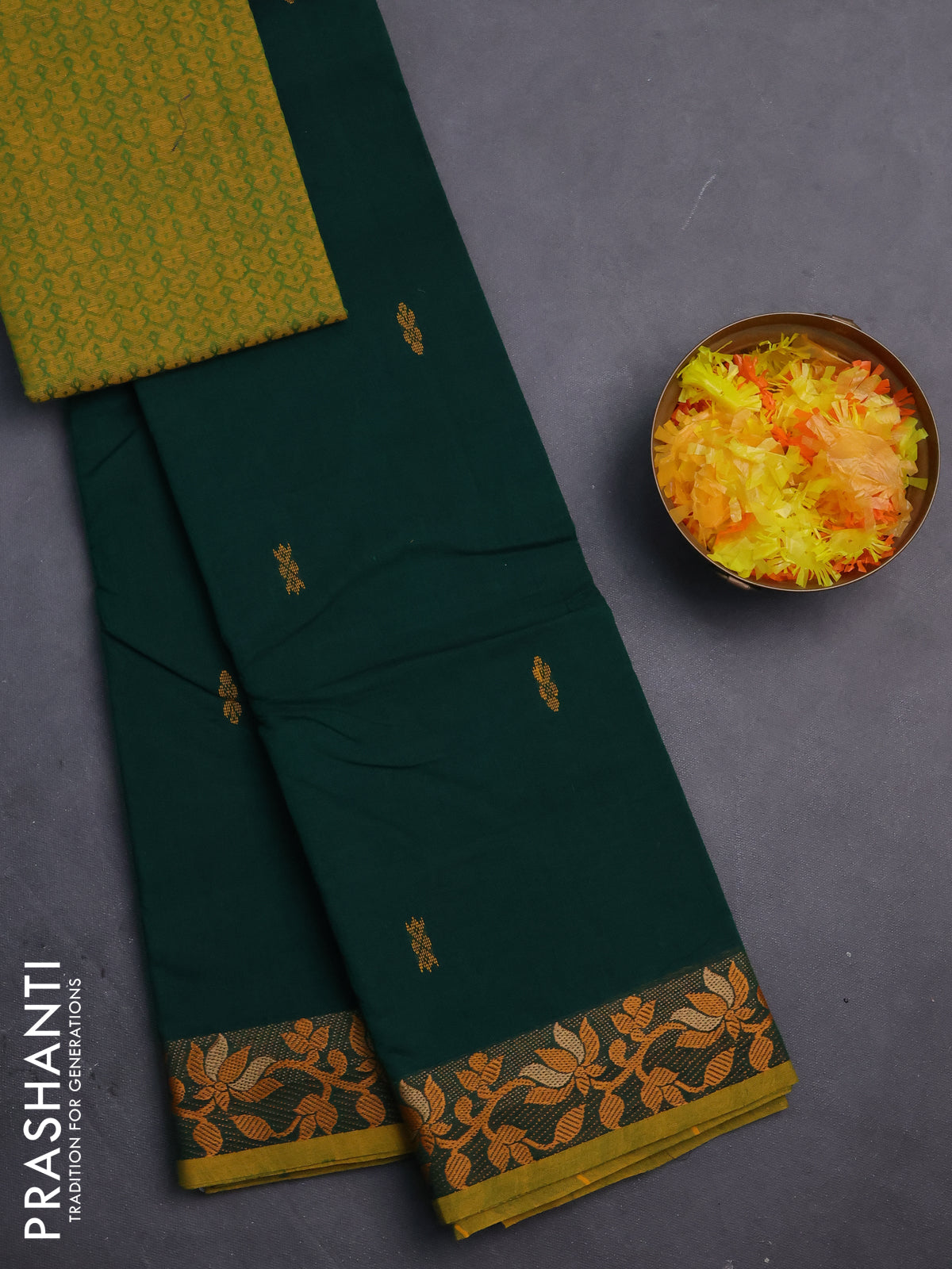 Chettinad cotton saree green and yellow with thread woven buttas and floral design border