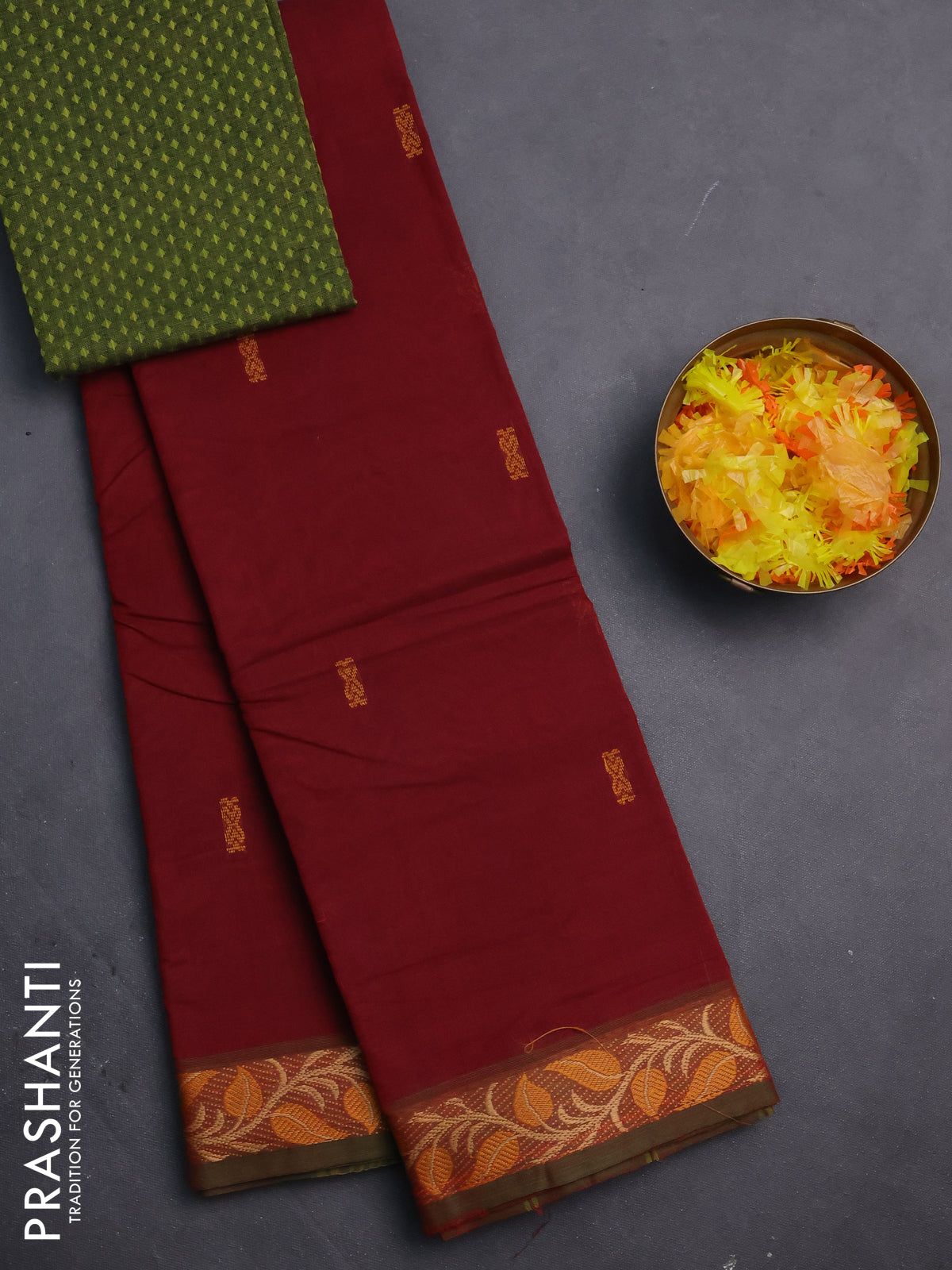 Chettinad cotton saree maroon and sap green with thread woven buttas and thread woven border