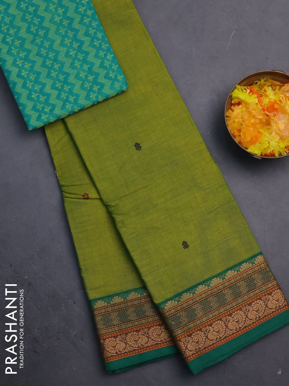 Chettinad cotton saree light green and green with thread woven buttas and thread woven border