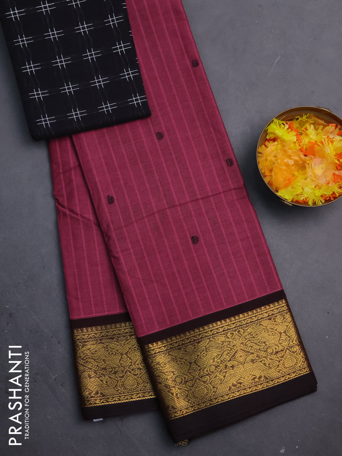 Chettinad cotton saree mauve pink and deep coffee brown with thread woven buttas and zari woven border