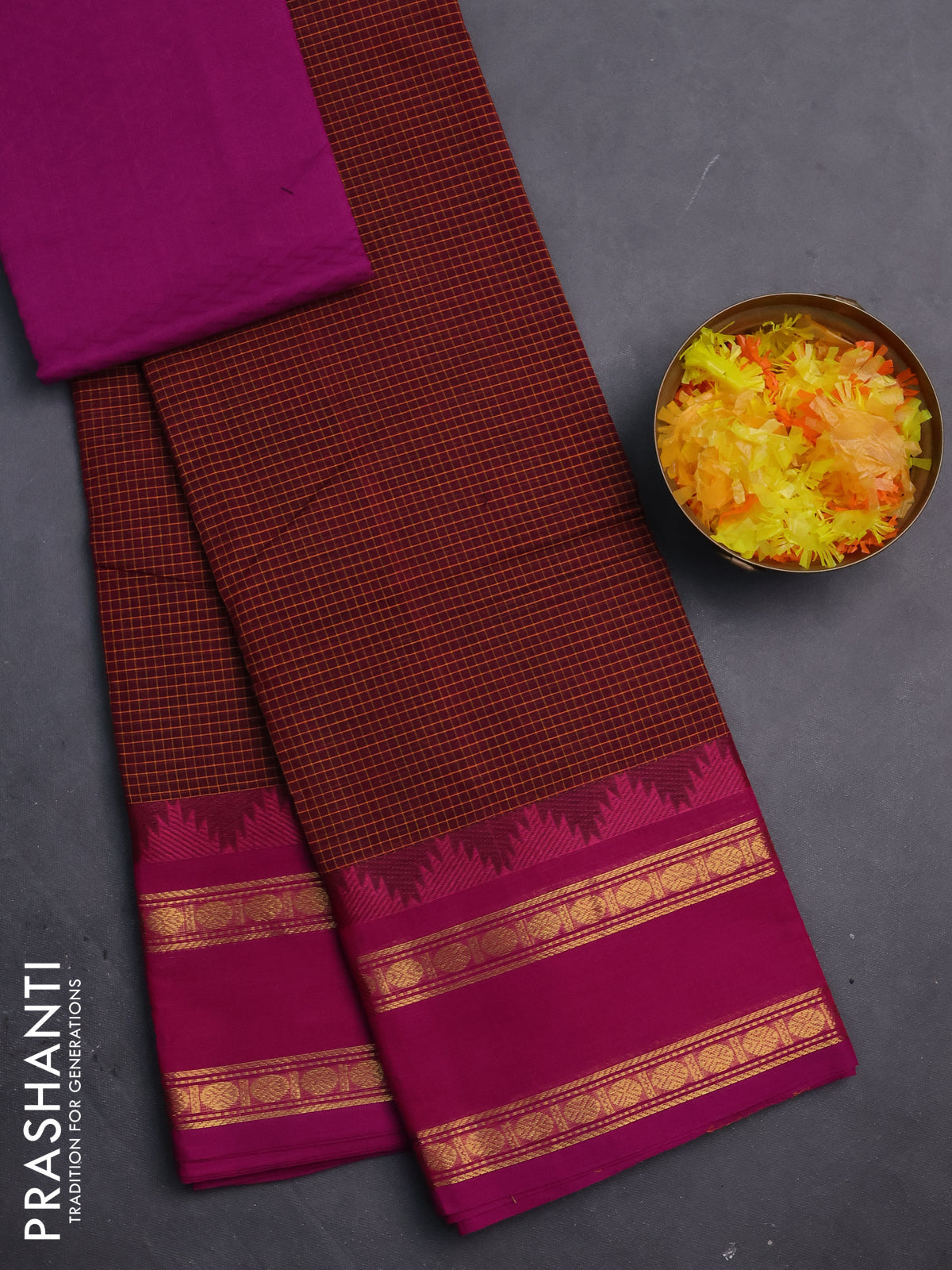 Chettinad cotton saree maroon and magenta pink with allover checked pattern and rattapet zari woven border