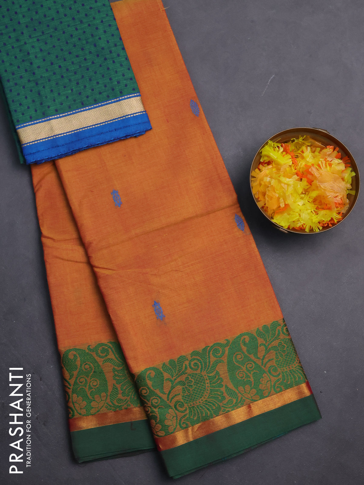Chettinad cotton saree dual shade of yellow and green with thread woven buttas and thread & zari woven border